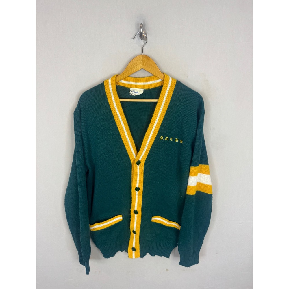 Vintage Active Knitting Mens L Varsity Cardigan Sweater Green Yellow BDCHS
